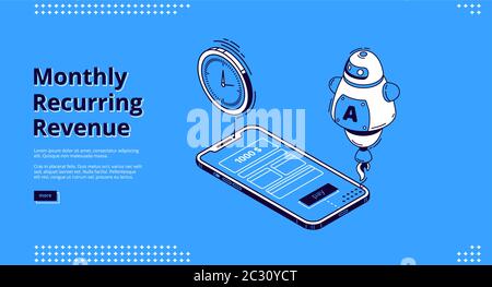 Banner für monatliche wiederkehrende Einnahmen. Fixgewinn und -Zahlungen, MRR-Konzept. Vektor Landing Page von wiederkehrenden Einkommen mit isometrischen Symbolen des Smartphones Stock Vektor