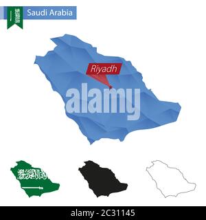 Saudi-Arabien blaue Low Poly Karte mit Hauptstadt Riad, vier Versionen der Karte. Vektorgrafik. Stock Vektor