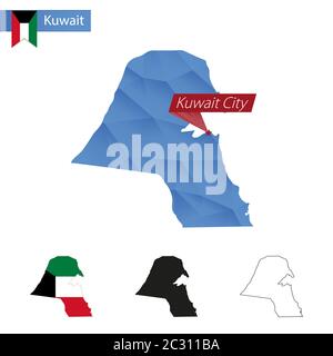 Kuwait blau Low Poly Karte mit Hauptstadt Kuwait-Stadt, Versionen mit Flagge, schwarz und Umriss. Vektorgrafik. Stock Vektor