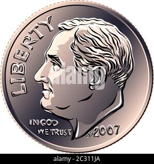 American Money Roosevelt Dime, Vereinigte Staaten ein Dime oder 10-Cent-Silbermünze mit Präsident Franklin D Roosevelt auf der Vorderseite Stock Vektor