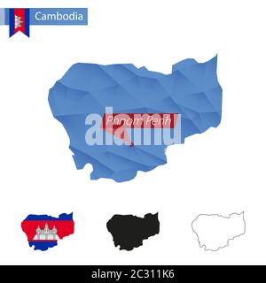 Kambodscha blau Low Poly Karte mit Hauptstadt Phnom Penh, Versionen mit Flagge, schwarz und Umriss. Vektorgrafik. Stock Vektor