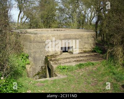 Ein Zementpillenkasten aus dem Zweiten Weltkrieg an der Ostküste Englands. Zeigt den Eingang, eine Schießschnur und eine zentrale Flugabwehrkanone gut auf. Backgroun Stockfoto