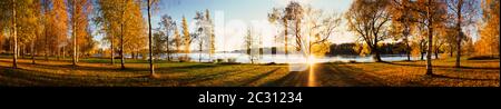 Blick auf Bäume und Sonne im Wasser des Flusses Vuoksi, Imatra, Finnland Stockfoto