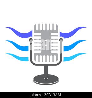 Retro Mikrofon-Symbol mit Blue Sound Waves Symbol isoliert auf weißem Hintergrund. Symbol Für Musik-Audio. Design Mit Lautsprecherlogo. Studio Mic Konzept. Stockfoto