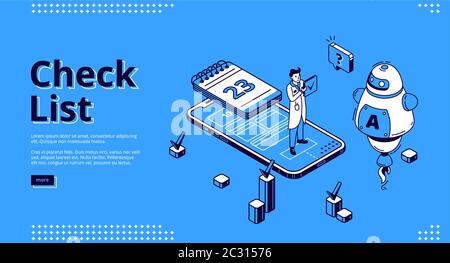 Checkliste Banner. Konzept der Geschäftsorganisation und der abgeschlossenen Aufgaben. Vektor Landing Page der digitalen Planungsarbeit mit isometrischem man, Kalender auf Stock Vektor