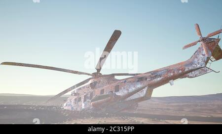 Alte verrostete Militärhubschrauber in der Wüste bei Sonnenuntergang Stockfoto