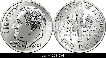 Roosevelt Dime, Vereinigte Staaten ein Dime oder 10-Cent-Silbermünze, Präsident Franklin Roosevelt auf der Vorderseite und Olivenzweig, Fackel, Eichenzweig auf der Rückseite Stock Vektor