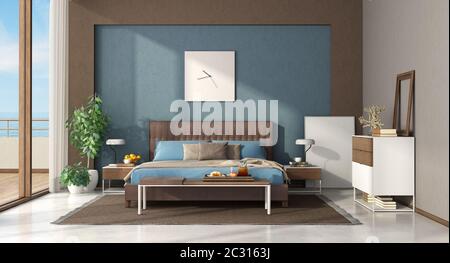 Blaues und braunes Schlafzimmer mit Lederdoppelbett, Bank und Kommode - 3D-Rendering Stockfoto