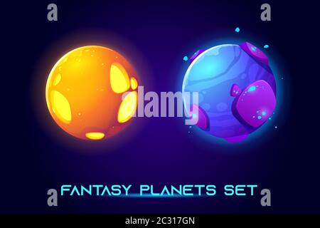 Fantasy-Raum Planeten für ui-Galaxie Spiel. Vektor-Cartoon-Symbole Set von Magie außerirdische Welt, fantastische kosmische Objekte mit Steinen, flüssigen Kern, Löcher. Lüfter Stock Vektor