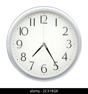 Analoge Wanduhr auf weißem Hintergrund. Stockfoto