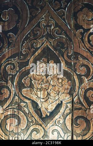 Bild auf Holzwand im Tempel Sanctuary of Truth, Thailand Stockfoto