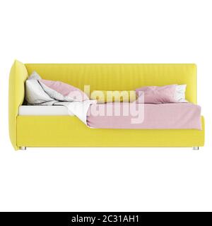 Kinderbett mit weichen, gelben Polstermöbeln und weiß-rosa Bettwäsche auf weißem Hintergrund. Vorderansicht. 3d-Rendering Stockfoto