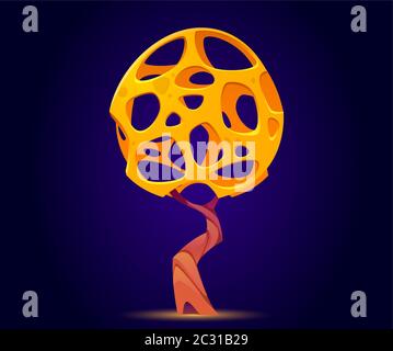 Fantasy-Baum mit voller Löcher Krone für ui-Spiel über Alien magische Welt. Vektor Cartoon fantastische Pilz, ungewöhnlichen Baum mit gelben Netz Krone. Stock Vektor