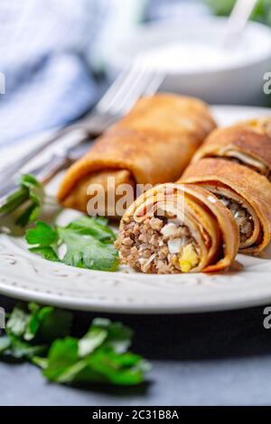 Dünne Pfannkuchen gefüllt mit Fleisch und Ei. Stockfoto