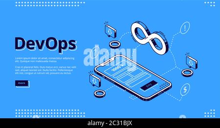 DevOps-Banner. Konzept der Entwicklungsoperationen, Kommunikation von Programmierern und Ingenieuren. Vektor Landing Page der Projektintegration mit isometri Stock Vektor