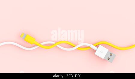 Kabel uns weiß und gelb zwischen Ihnen auf einem rosa Hintergrund miteinander verflochten. 3D-Bild. Verbindung Konzept Stockfoto