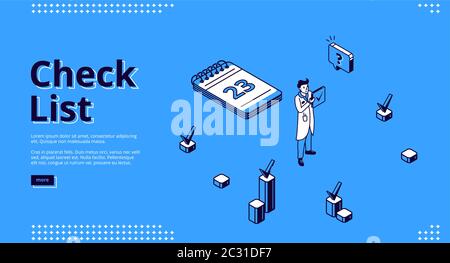 Checkliste Banner. Konzept der Geschäftsorganisation und der abgeschlossenen Aufgaben. Vektor Landing Page von Fragebogen oder Planungsarbeiten bis zur Deadline mit isomet Stock Vektor