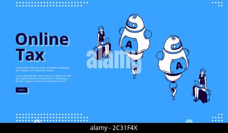 Online steuerliche isometrische Landing Page. Frauen aus der Wirtschaft arbeiten an Laptops mit riesigen Ai-Robotern. Intelligente Technologie für Bankbuchhaltung, Anwendung für int Stock Vektor
