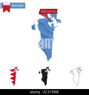 Bahrain blau Low Poly Karte mit Hauptstadt Manama, Versionen mit Flagge, schwarz und Umriss. Vektorgrafik. Stock Vektor