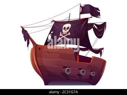 Vector hölzerne Piratenboot mit schwarzen Segeln. Korsaren-Schiff mit schwarzer Flagge, Kanonen, Totenkopf und Kreuzknochen auf Leinwand. Cartoon alte Holzschiff, vintage ga Stock Vektor