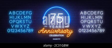 75. Jahrestag Feier Neon-Zeichen auf dunklem Hintergrund. Stock Vektor