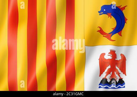 Flagge der Region Provence-Alpen-Cote d Azur, Frankreich schwenkt Bannersammlung. 3D-Abbildung Stockfoto