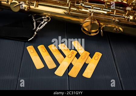 Schilfrohr des Mundstücks eines Sax neben dem goldenen und glänzenden Instrument Stockfoto