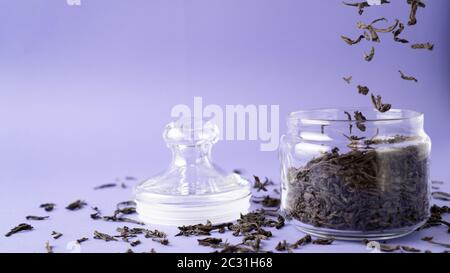 Großer schwarzer Tee mit Blatt im Glas. Fliegende Teeblätter. Fallende getrocknete grüne Teeblätter in die Flasche. Violetter Hintergrund. Stockfoto