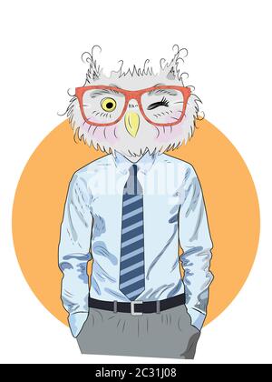 Mode Tier Illustration, anthropomorphe Design, pelzige Kunst, handgezeichnete Illustration von Eule Jungen Hipster Stock Vektor