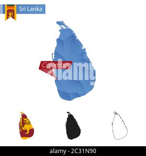 Sri Lanka blau Low Poly Karte mit Hauptstadt Colombo, Versionen mit Flagge, schwarz und Umriss. Vektorgrafik. Stock Vektor