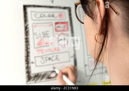 Frauen Webseiten-Designer kreative Planung Anwendungsentwicklung Zeichnen Vorlage Layout Rahmen Drahtmodell Design Studio . Konzept der Benutzererfahrung Stockfoto