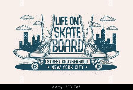 Beine in Sneakers auf Skateboard Urban Authentic Retro Illustration Stock Vektor