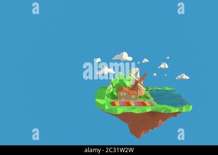 3D-Illustrator von Zaanse Schans Windmühle Village, Niederlande, 3D-Darstellung von Hintergrund mit niedriger Polygongeometrie. Abstrakte Polygonale Geometrische Form. Lowpo Stockfoto