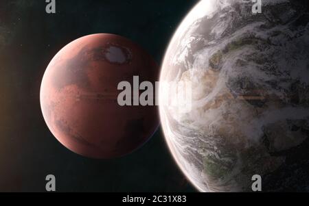 Erde auf dem Hintergrund des Mars. Solaranlage. 3D-Rendering. Science-Fiction Stockfoto