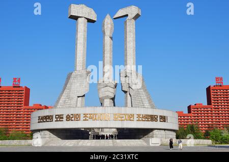 Pjöngjang, Nordkorea - 1. Mai 2019: Denkmal zur Gründung der koreanischen Arbeiterpartei in Nordkorea Stockfoto