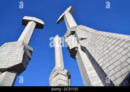 Pjöngjang, Nordkorea - 1. Mai 2019: Denkmal zur Gründung der koreanischen Arbeiterpartei in der Hauptstadt Nordkoreas Stockfoto