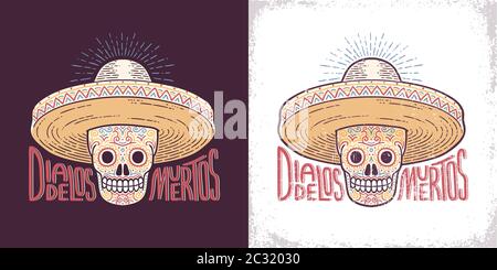 Totenkopf in einem Sombrero mit Mustern verziert Stock Vektor