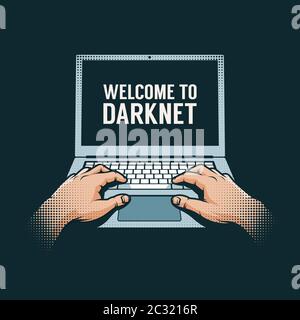 Hände aus dem Dunkeln auf einem Laptop Stock Vektor