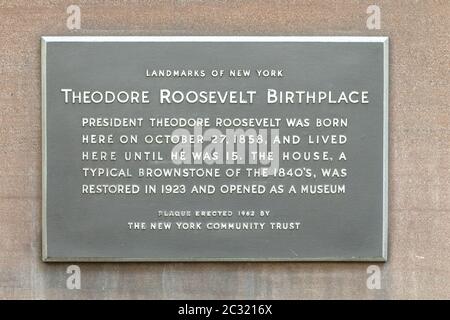 Die Gedenktafel für Präsident Theodore Roosevelts Geburtsort in New York City Stockfoto