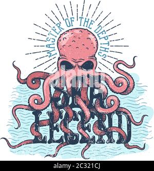 Seelegende Oktopus Meister der Tiefen Schriftzug. Stock Vektor