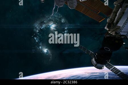 Raumstation in der Umlaufbahn des tiefen Weltraumplaneten auf dem Hintergrund kollidierender Galaxien. 3D-Rendering Stockfoto