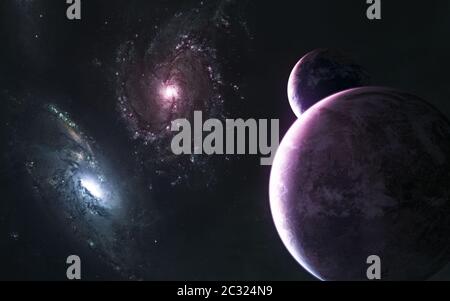 Planeten im Licht roter und blauer Galaxien irgendwo im tiefen Raum Stockfoto