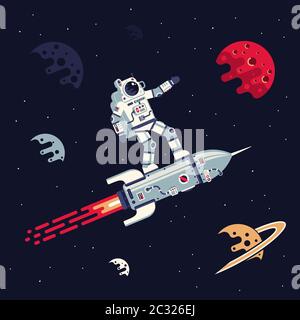 Astronaut im Raumanzug fliegt stehend auf Rakete im Weltraum unter Planeten und Sterne Stock Vektor