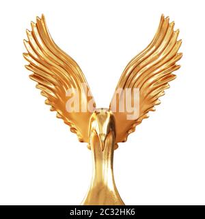 Goldene Adler Figur mit ausgebreiteten Flügeln auf weißem Hintergrund. Mocap. 3d-Rendering Stockfoto