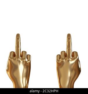 Zwei goldene Hände mit erhobenem Mittelfinger vor weißem Hintergrund. Copyspace. 3d-Rendering Stockfoto