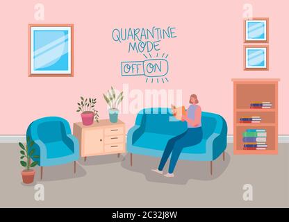 Frau Cartoon Lesebuch auf Couch Design von zu Hause bleiben und Aktivitäten Thema Vektor Illustration Stock Vektor