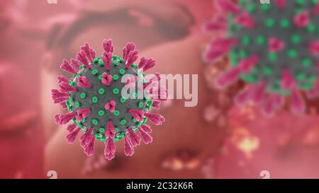 Detaillierte Nahaufnahme eines neuartigen Corona-Virus, das die Zelle im menschlichen Körper angreift. 3D-Rendering der pandemischen Covid-19-Krankheit. Stockfoto