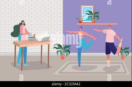 Frau Cartoon Kochen und paar tun Übung Design von zu Hause bleiben und Aktivitäten Thema Vektor Illustration Stock Vektor