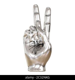 Metallfigur einer Hand mit zwei Fingern, die auf weißem Hintergrund hochgehoben sind. Blick auf die Fritze. 3d-Rendering Stockfoto