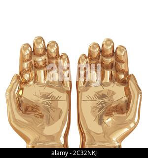 Zwei dekorative goldene Hände mit leicht gebeugten Fingern auf weißem Grund. Draufsicht. 3d-Rendering Stockfoto